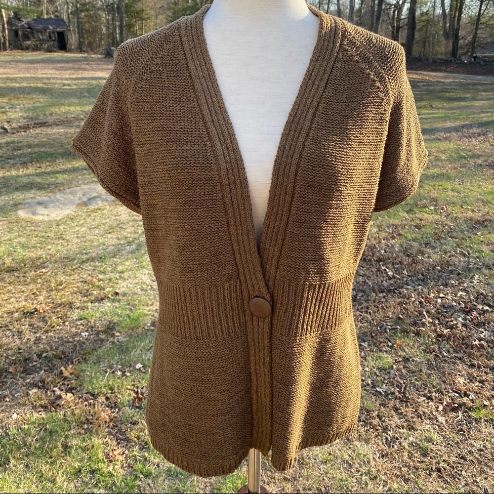 AUGUST SILK SWEATER CARDIGAN BROWN SHORT SLEEVE V-NECK SIZE LARGE L